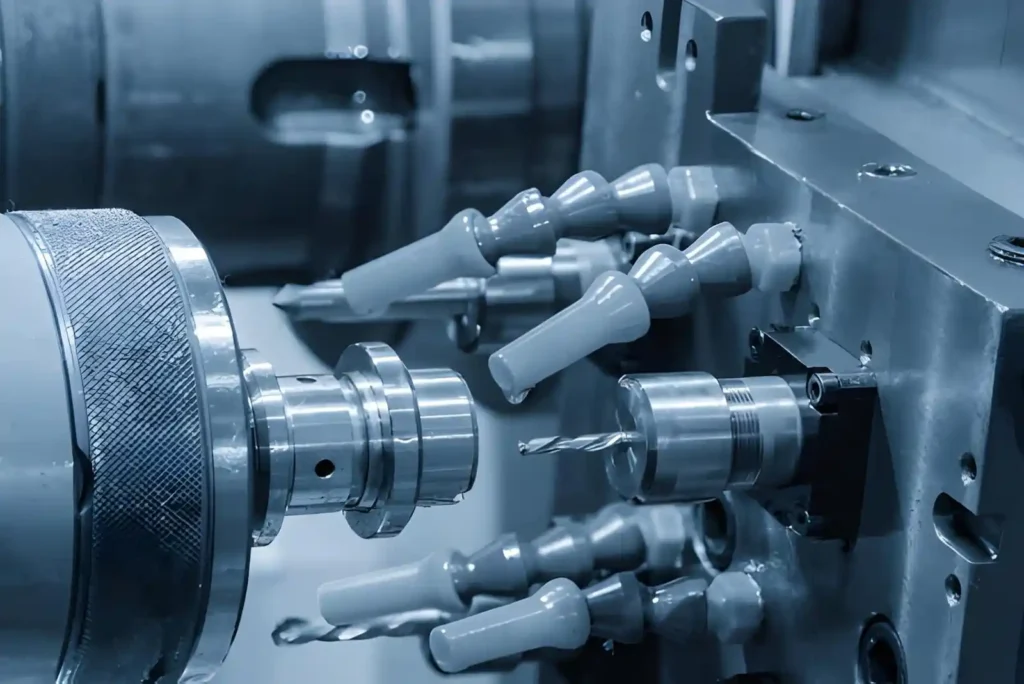 The image shows a Swiss CNC lathe machine drilling a metal pipe part held in a collet. 