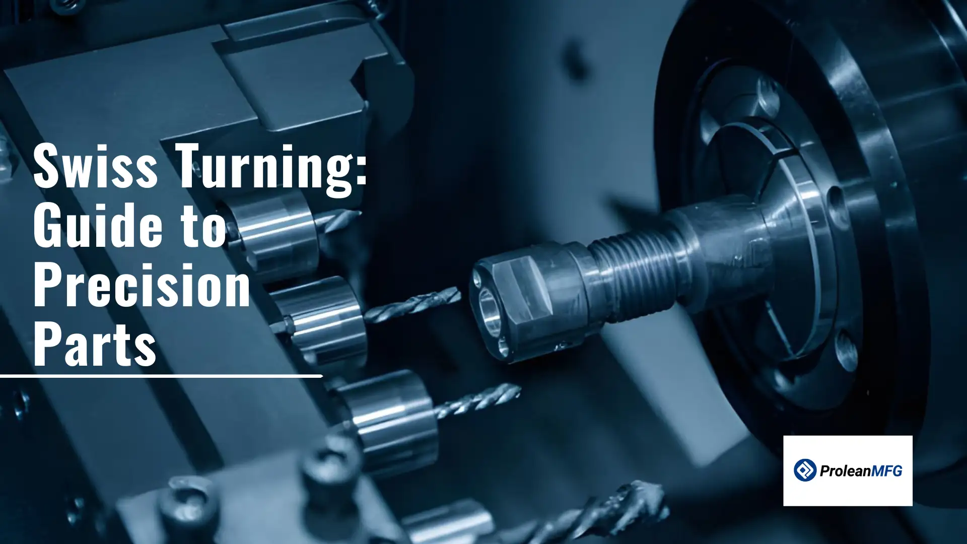 The image shows a Swiss CNC lathe machine in operation as a background visual. The scene focuses on the machining area with tools and a workpiece, while a text overlay displays the title “Swiss Turning.”