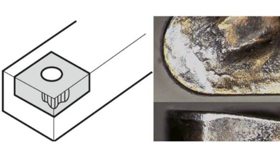 Diagram and close-up photos of abrasive wear on a carbide cutting insert showing flank and crater damage
