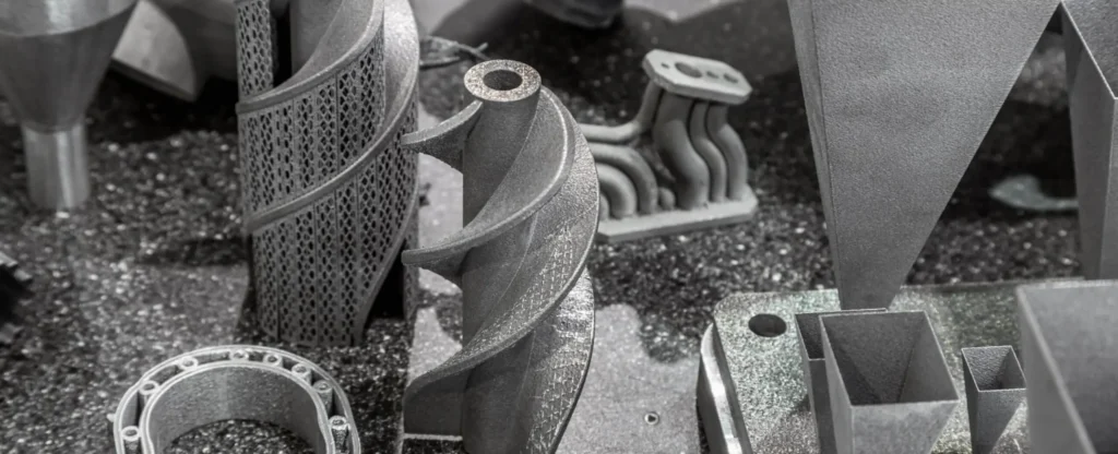 Collection of metal parts made through additive manufacturing, including lattice structures, spiral impeller, and various 3D printed components demonstrating design complexity