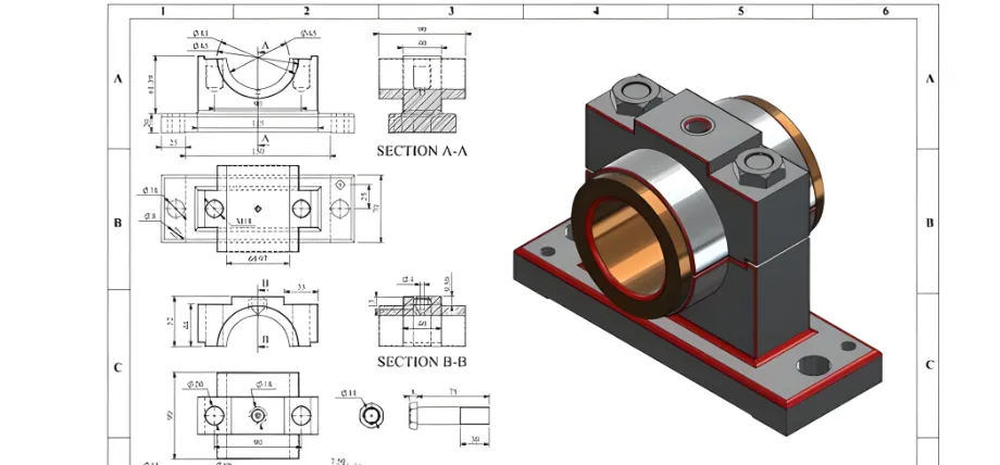 Technical drawing with multiple orthographic views, sections (A-A and B-B), and a 3D rendered model of a heavy-duty bearing housing or pillow block with a bronze bushing