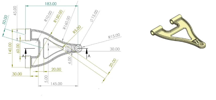 Technical drawing and 3D model of a complex Y-shaped suspension or linkage component, displaying detailed dimensions, radii (R5.00 to R160.00), hole diameters, and section views