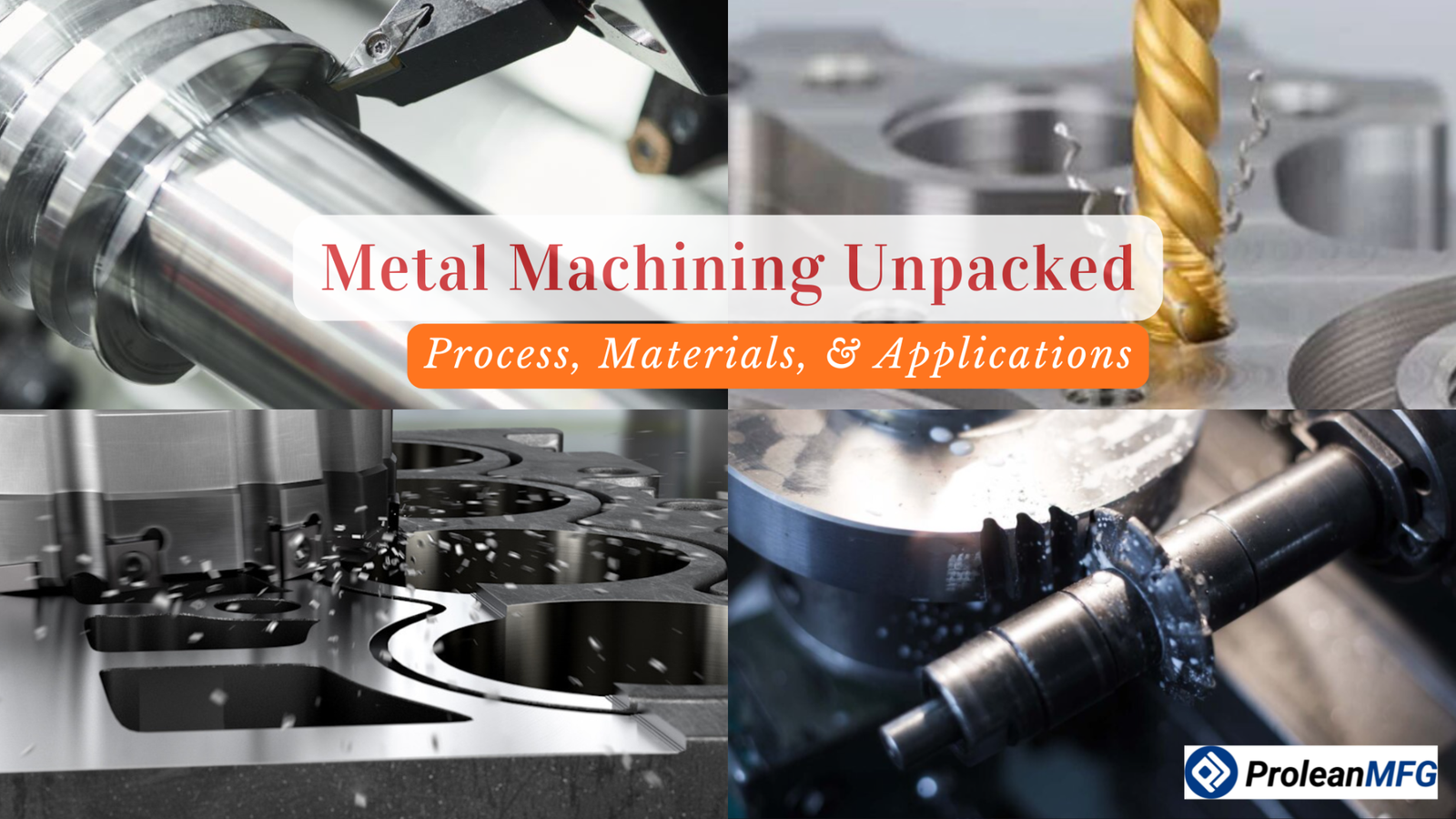 CNC machining collage showing four close-up views of metal cutting operations — including milling, drilling, and gear cutting — with flying chips and coolant fluid; article title reads "Metal Machining Unpacked: Process, Materials & Applications."