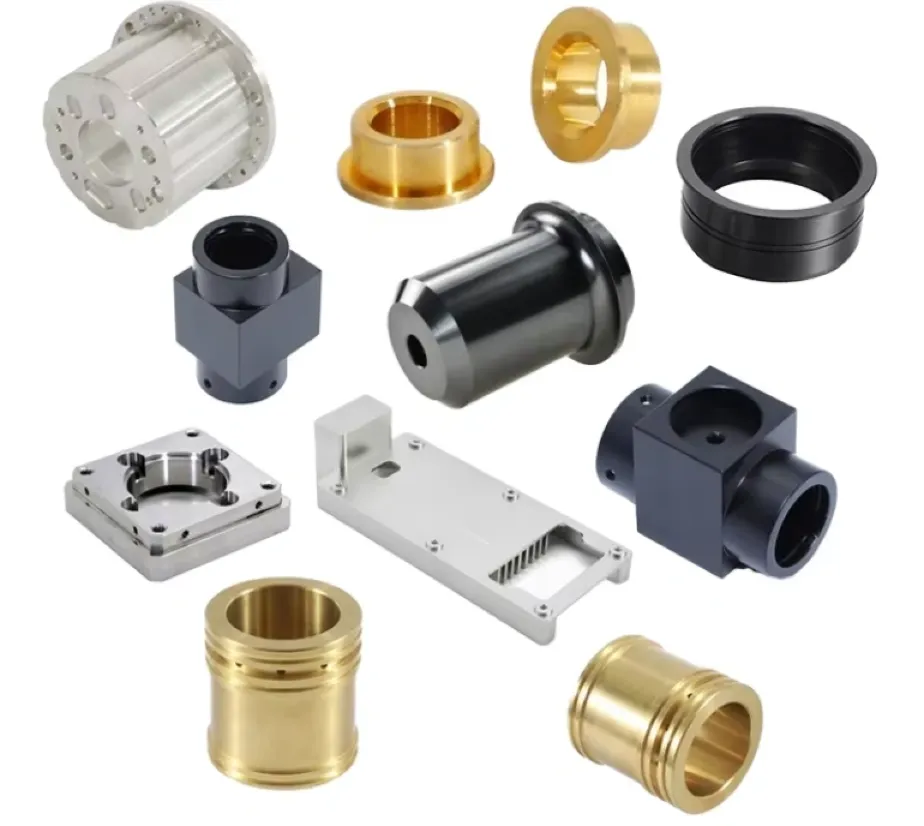 CNC-machined metal parts, including bushings, brackets, and anodized fittings in silver, gold, and black finishes