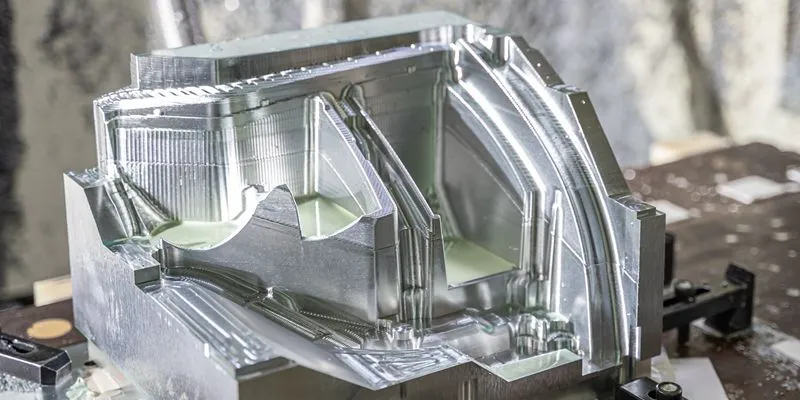 Cross-section of a CNC-machined aluminum mold or die showing complex internal cavities and precision-machined surfaces
