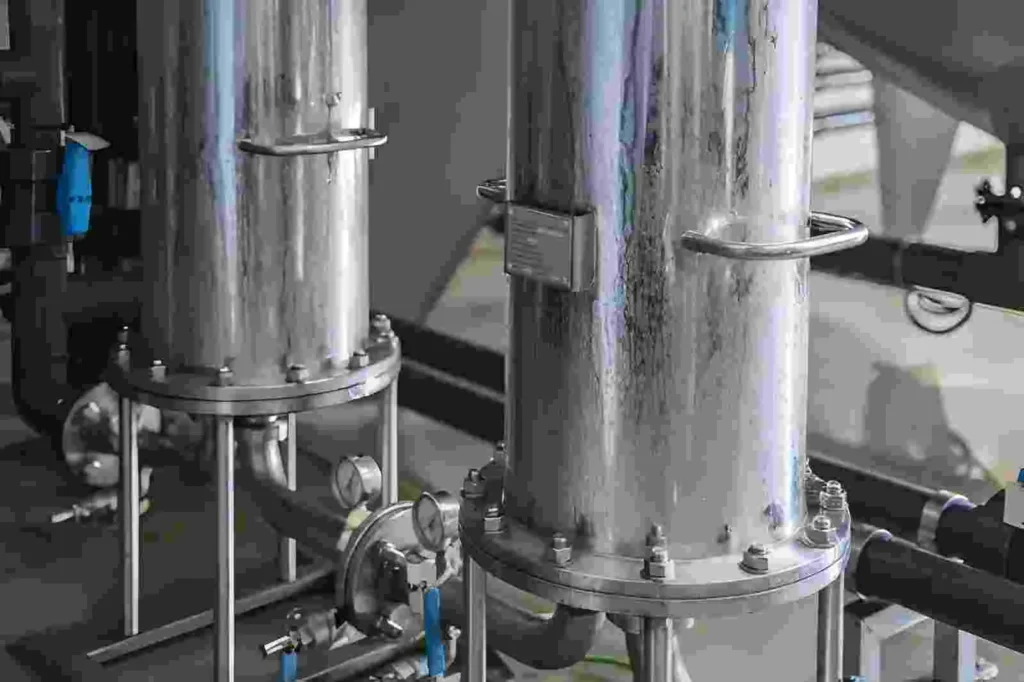 The image shows a close-up of 304 stainless steel tubes or pipes used in filtration and fluid handling systems.