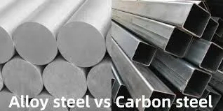 Alloy steel circular rods on the left and carbon steel square-shaped hollow rods on the right, showing a side-by-side material comparison