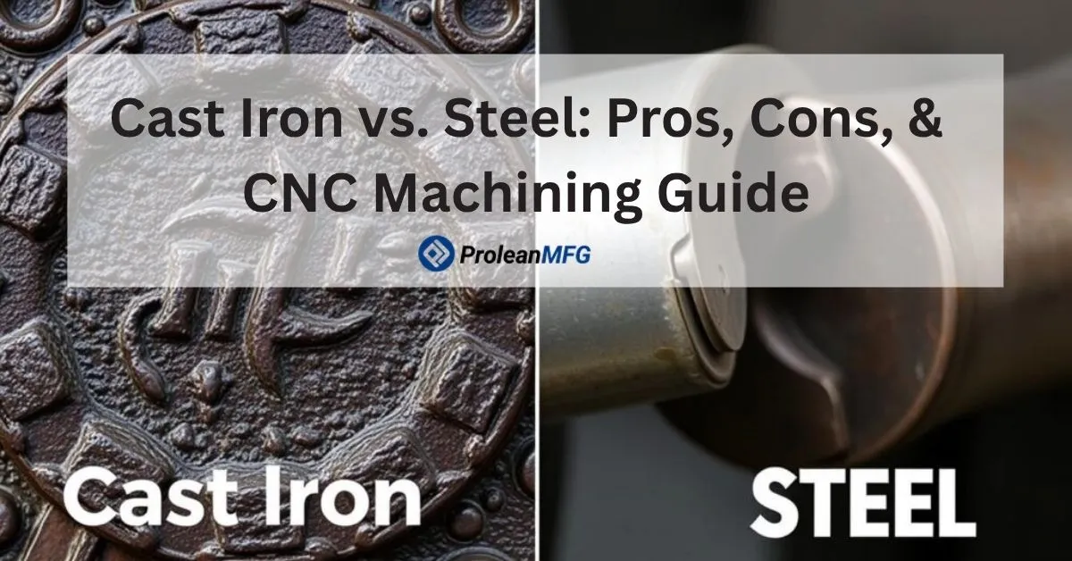 Feature image of blog with text “Cast Iron vs. Steel: Pros, Cons, & CNC Machining Guide” and Prolean MFG logo