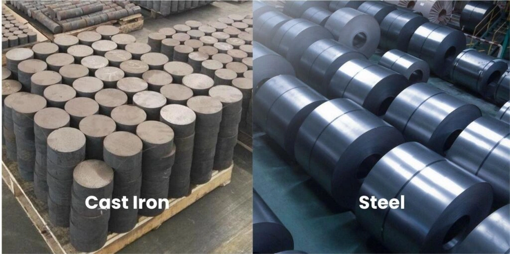 Cast iron billets and steel coils stacked in a manufacturing facility
