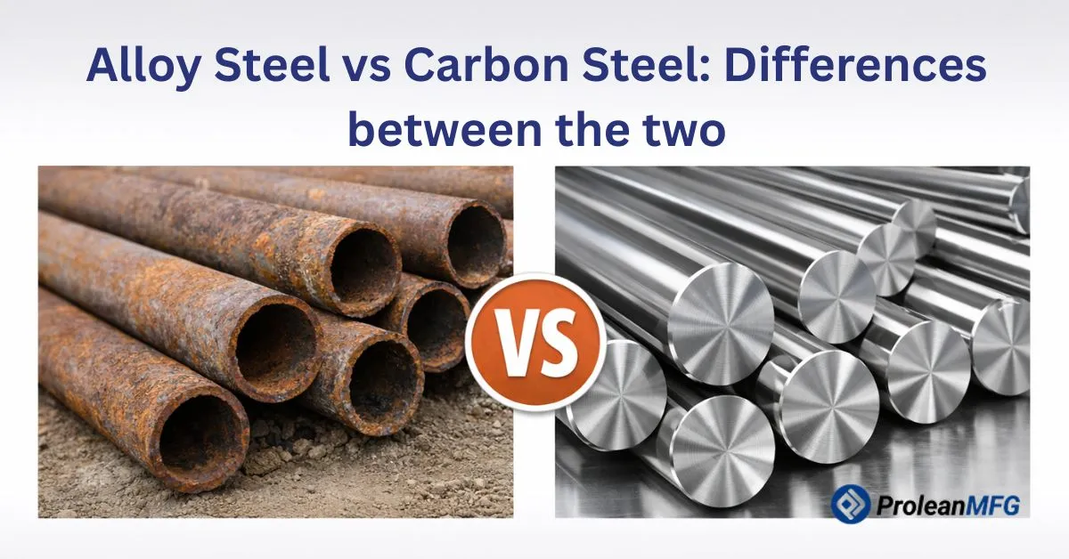 Featured image of blog with rusted alloy steel rods on left and carbon steel rods on right side, title of blog, and Prolean MFG logo