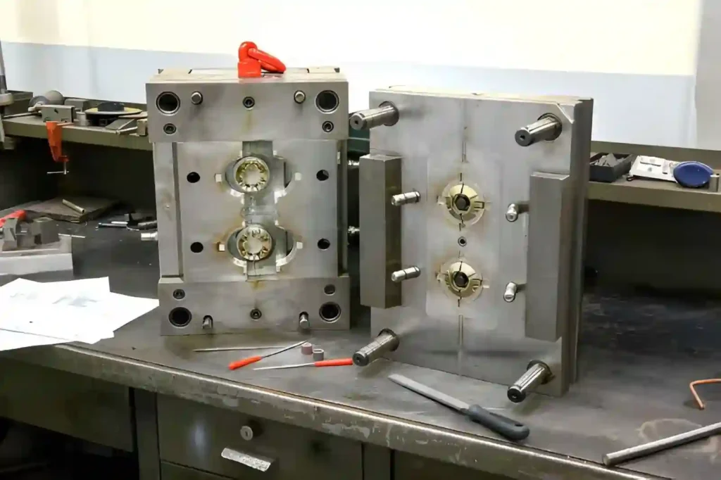 The image shows a hard tooling mold used in high-volume manufacturing. It is made from durable steel material.