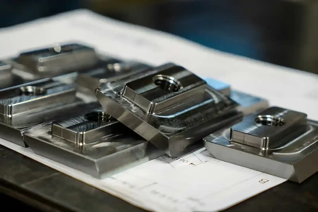 The image shows identical precision-machined steel components arranged on an inspection sheet for quality checking.