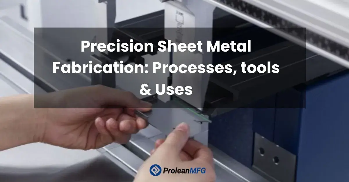 feature image of blog with text “Precision Sheet Metal Fabrication: Processes, tools & Uses” and Prolean MFG logo
