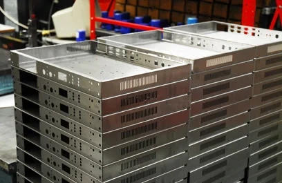 Stack of finished precision sheet metal server rack enclosures in a factory.