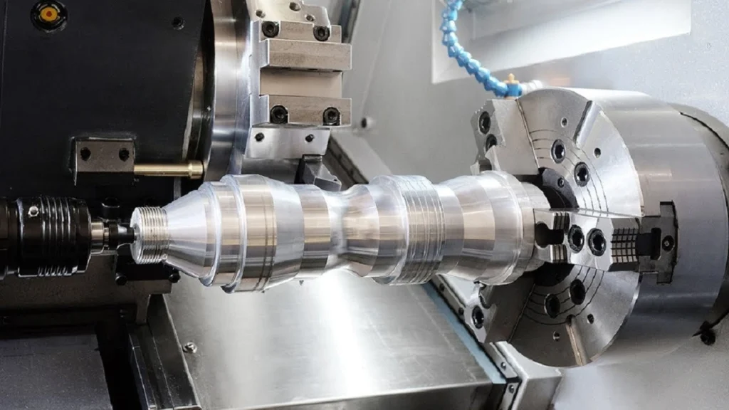 A close-up view of stainless steel turning in a lathe machine