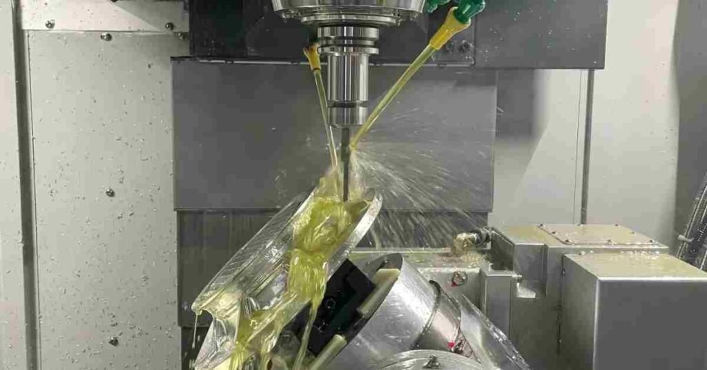 Satinless steel is being CNC machined in the presence of a coolant
