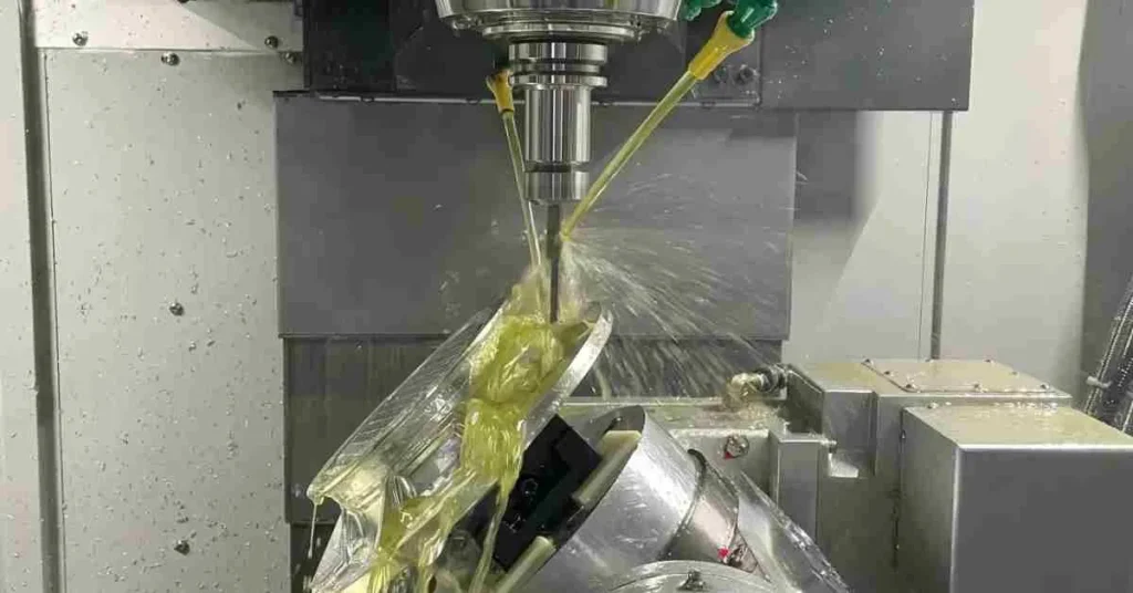 Satinless steel is being CNC machined in the presence of a coolant