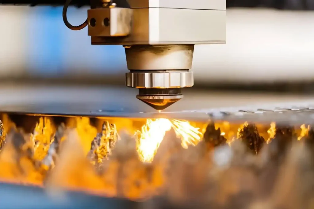 The image shows a CNC laser cutting of a stainless steel sheet with a focused laser beam in an industrial machine