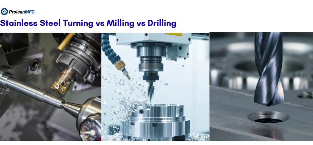 An illustration of stainless steel turning, milling, and drilling processes