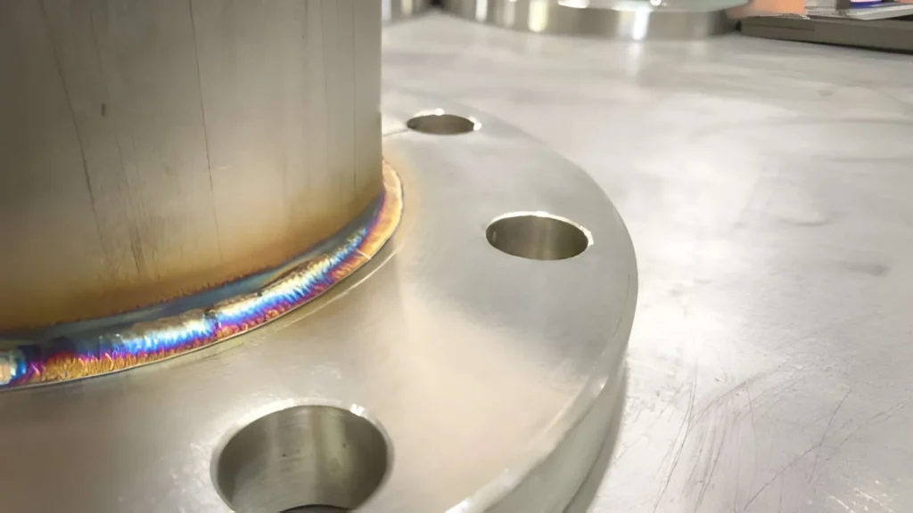 Image of a steel pipe joined to a plate using arc welding, showing the weld bead and rainbow coloration.