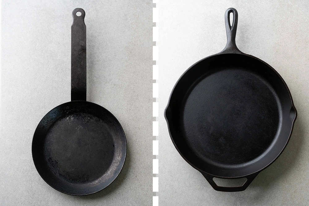 Steel pan vs cast iron skillet side-by-side comparison