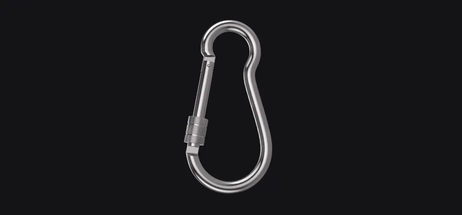 A heavy-duty polished steel locking carabiner shown against a dark background.