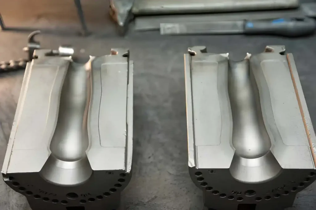 A close-up of the tooling for the glass bottle injection molding process.
