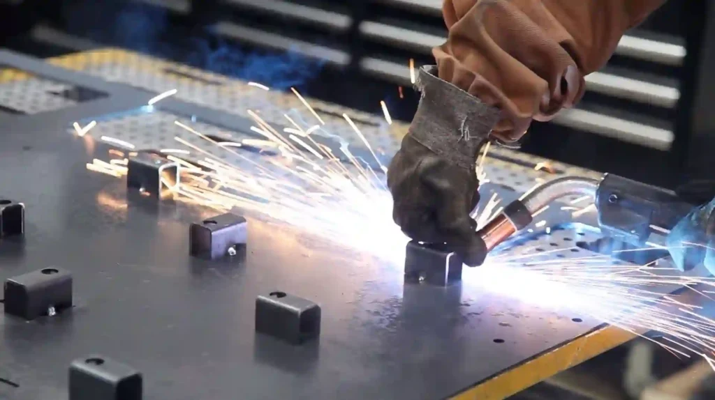 Welder using MIG torch to weld steel parts on a fabrication table
