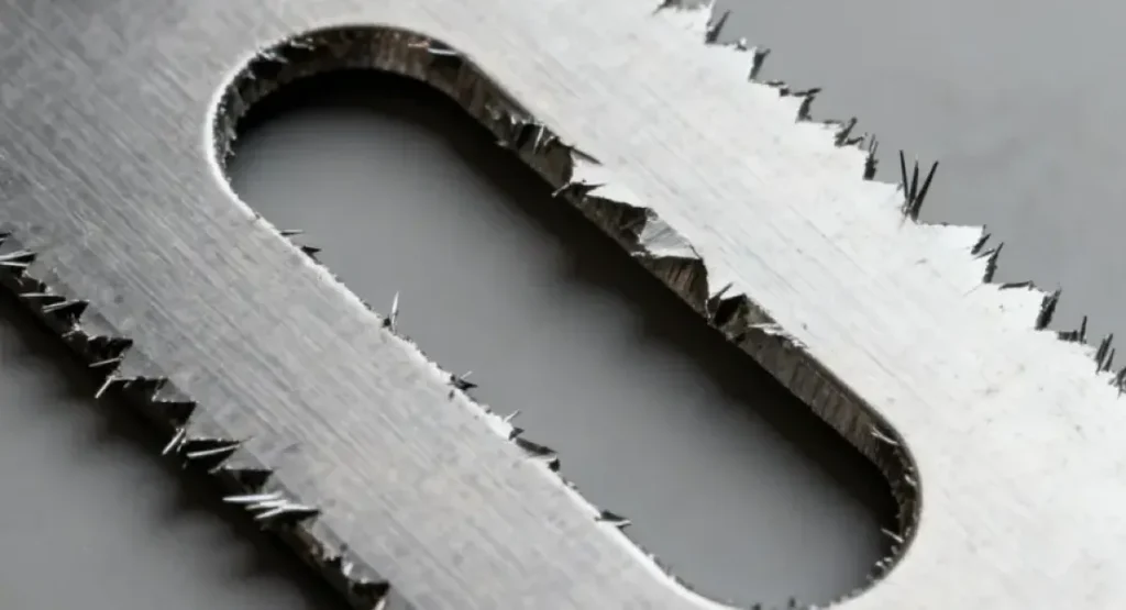 Close-up of sharp metal burrs along the edges of a laser-cut slot in an aluminum sheet.