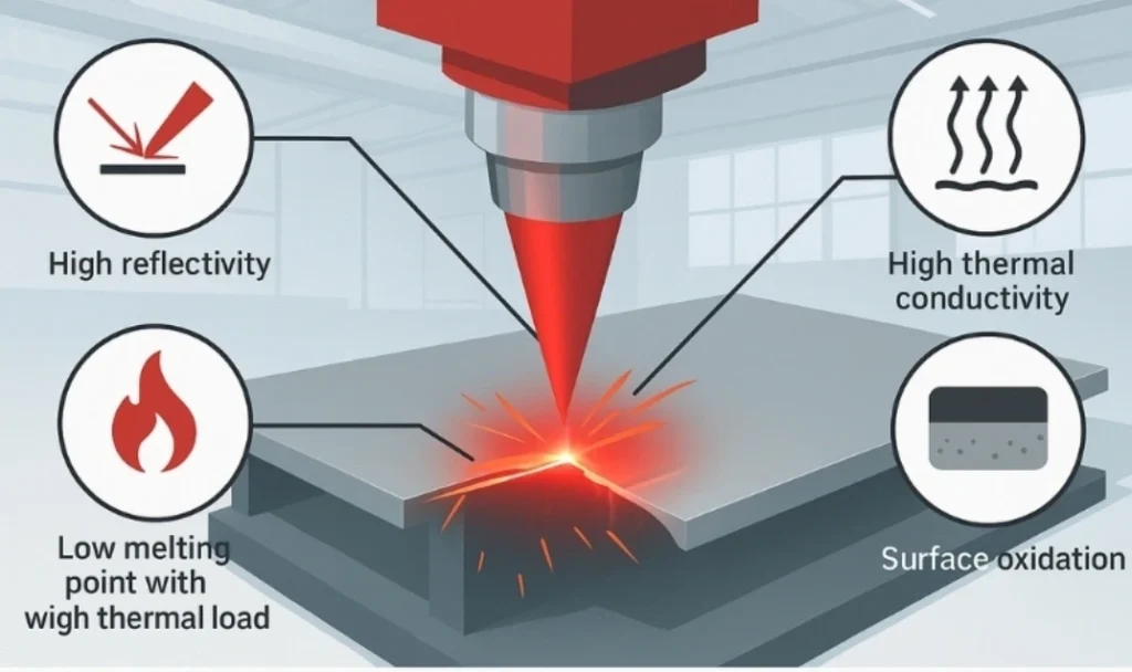 Illustrated diagram of a laser cutting aluminum, with callouts highlighting four key challenges