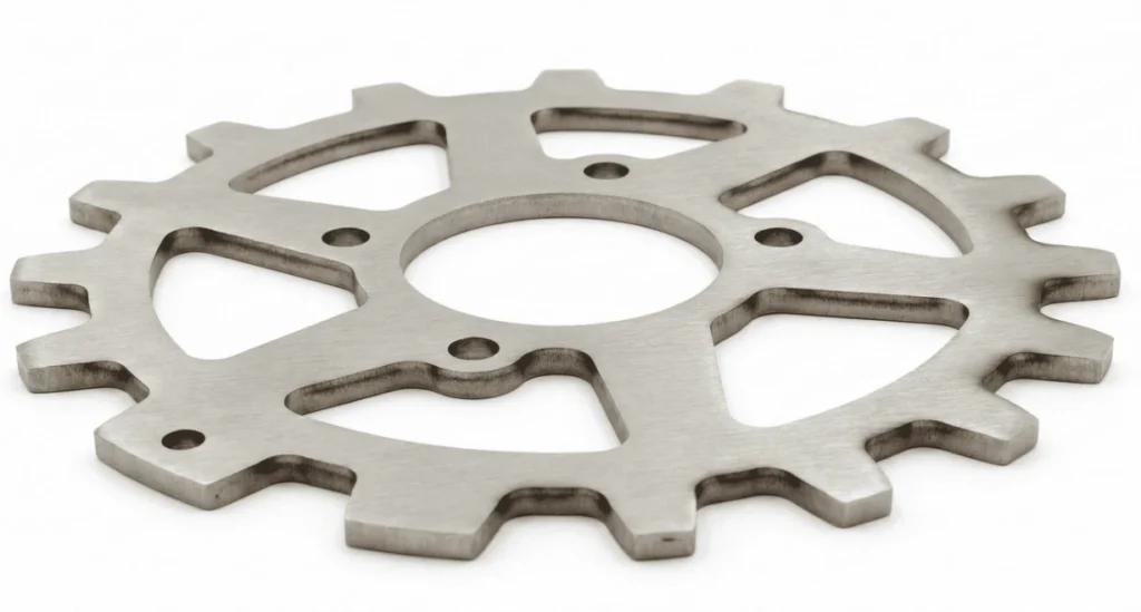 Laser-cut 304 stainless steel gear-shaped flat part with intricate cutouts and toothed perimeter.