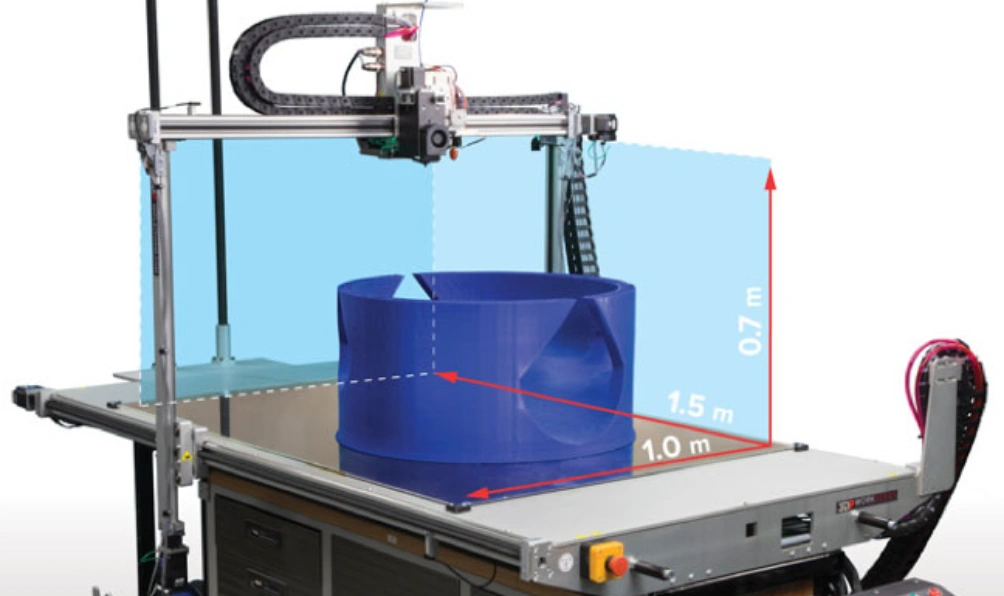 Large-format FDM 3D printer producing a blue plastic prototype cylinder, with build volume dimensions annotated (1.0 m × 1.5 m × 0.7 m)