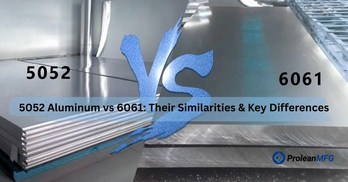 featured image of blog with 5052 aluminum sheets on the left side and 6061 aluminum sheets on the right with Prolean MFG logo