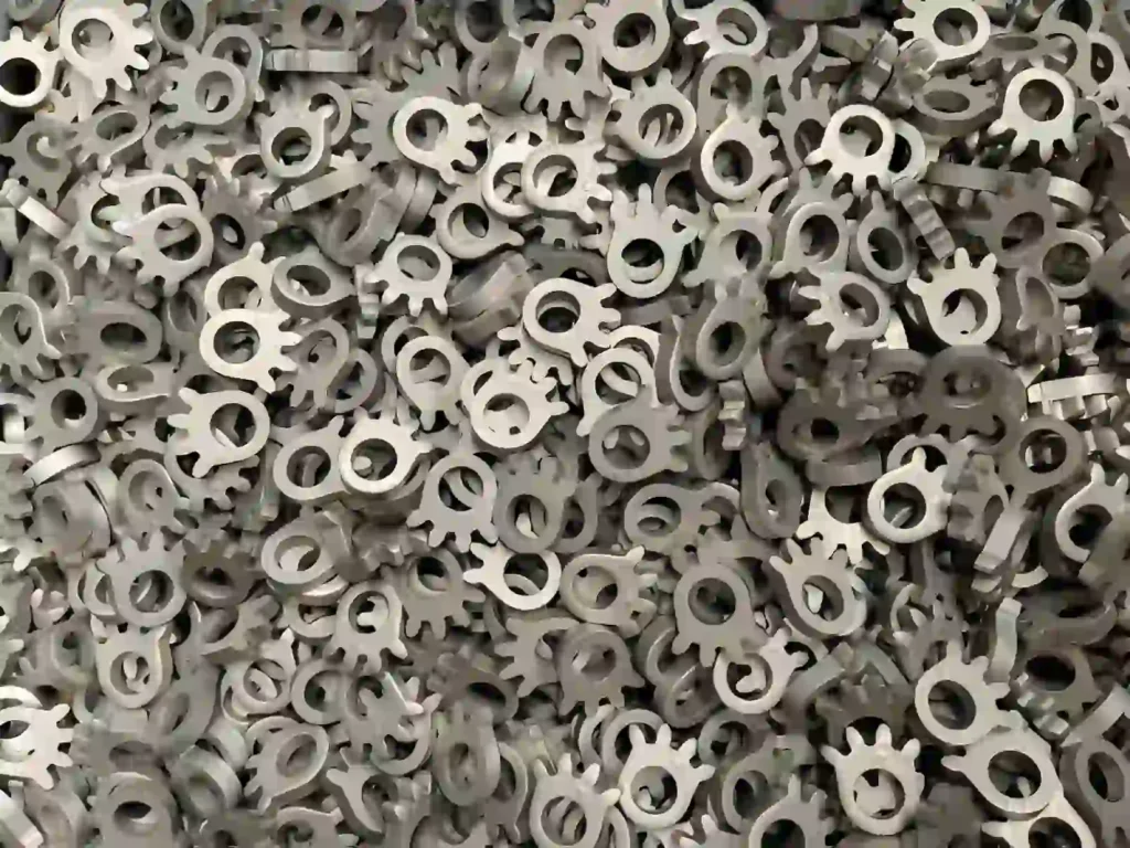 The image shows a batch of fine blanked steel parts with smooth edges.