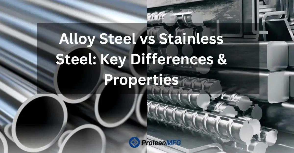 featured image of blog with alloy steel and stainless steel rods, text “Alloy Steel vs Stainless Steel: Key Differences & Properties” and Prolean MFG logo