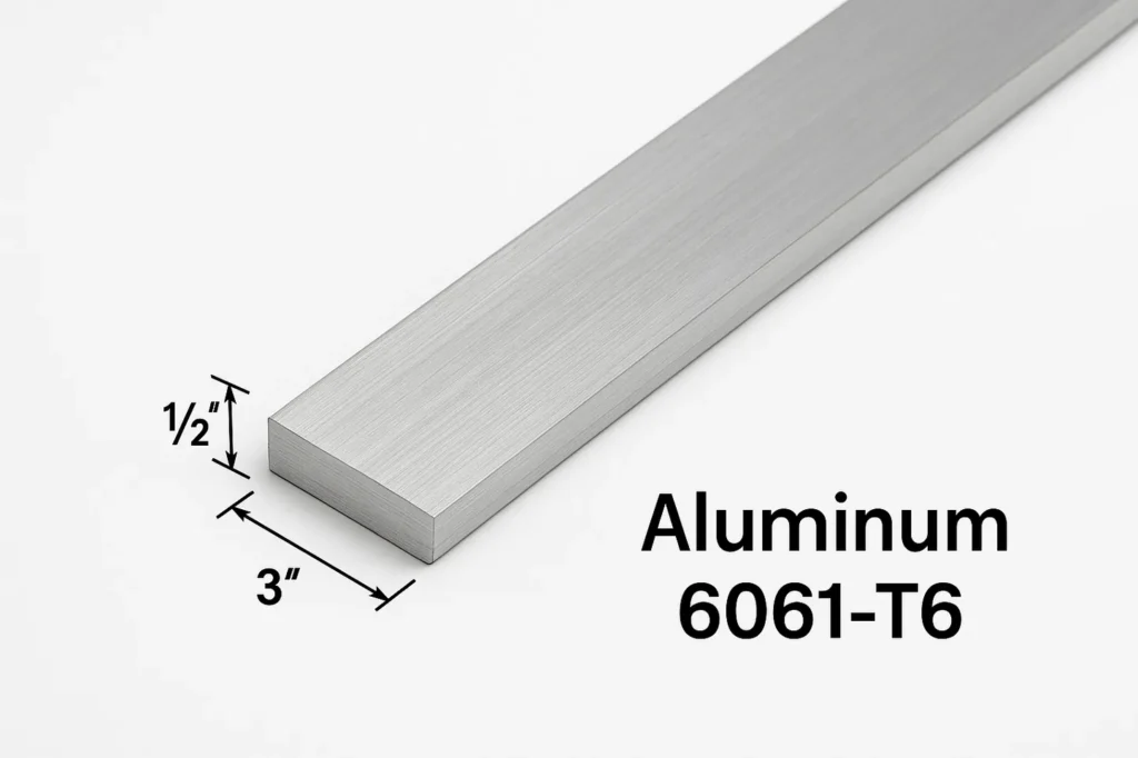 A solo long bar of aluminum 6061-T6 with its dimensions, 3 inches in width and 1.5 inches in height 