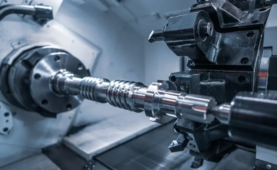 CNC lathe turning a precision aluminum threaded shaft between a spindle and a tailstock