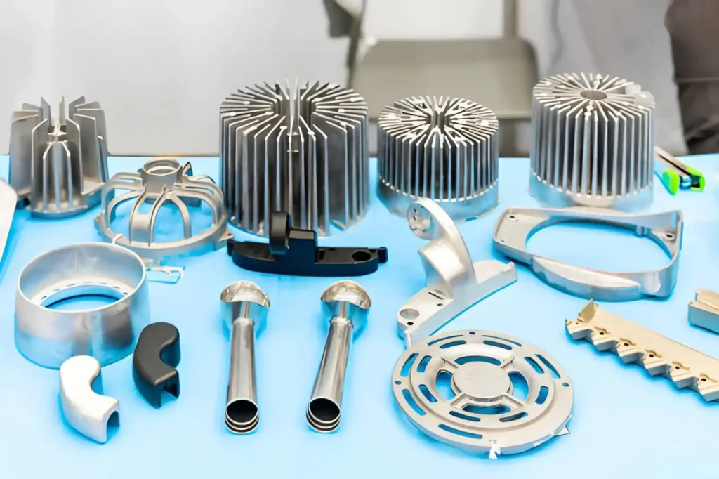 The image shows various aluminum automotive parts produced by high-pressure die casting and gravity die casting. The components include different shapes and sizes with cast surfaces and defined edges.