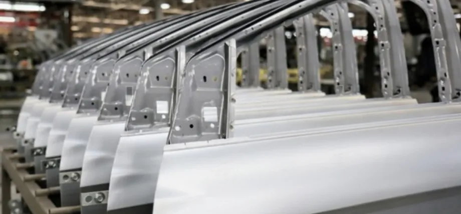 A row of silver car door frames lined up on a rack in a factory