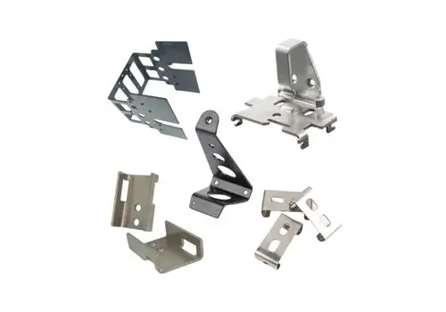 Assorted stamped sheet metal brackets and components displayed on a white background.