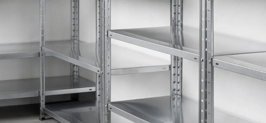 Close-up view of a modular stainless steel industrial shelving system, featuring perforated upright posts with multiple adjustment holes and smooth, reflective flat metal shelves