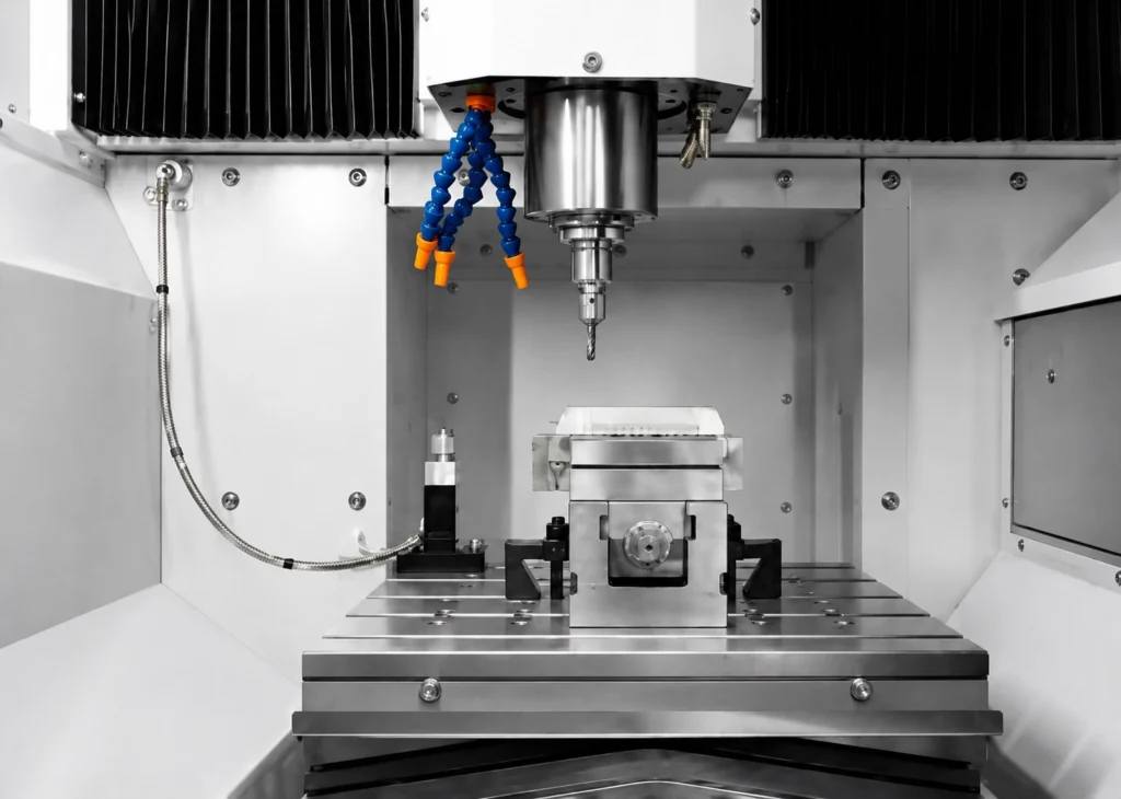 The interior of a high-tech CNC machining center showing the spindle and work-holding area ready for automated production