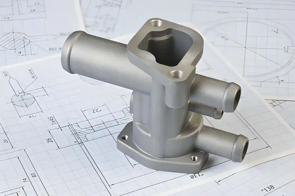 The image shows an automotive prototype part placed on a technical drawing for inspection and development.