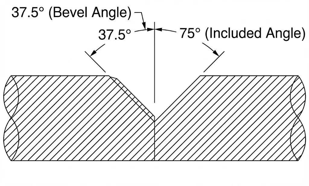 Diagram showing 37.5° bevel angles forming a 75° included angle.
