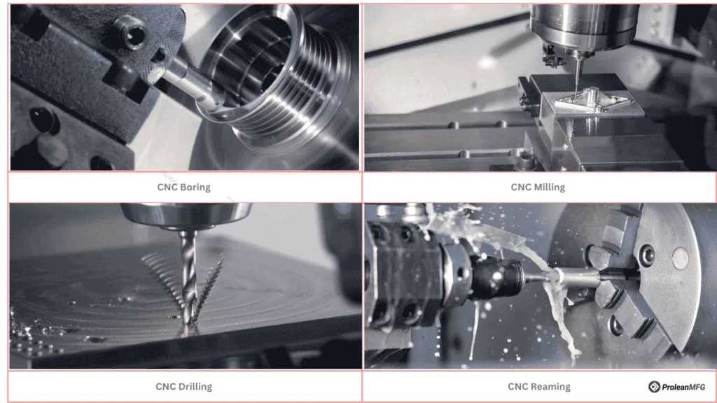 An image showing CNC boring, milling, drilling, and reaming machining processes
