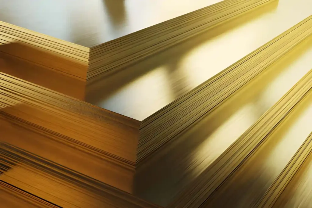 The image depicts stacked brass sheets
