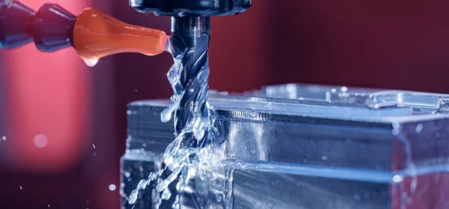 Close-up of a CNC milling operation with a spiral end mill cutting into a metal block, coolant fluid flowing over the tool during precision prototype machining.