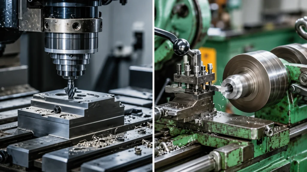 Side-by-side comparison of CNC machining vs manual machining processes used in precision metal manufacturing