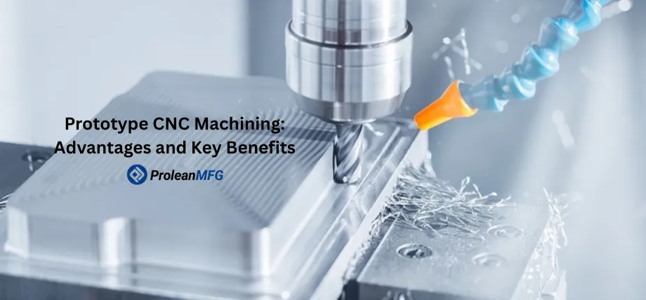 Close-up view of a CNC milling machine with a spiral end mill cutting into a metal block, coolant fluid streaming over the tool