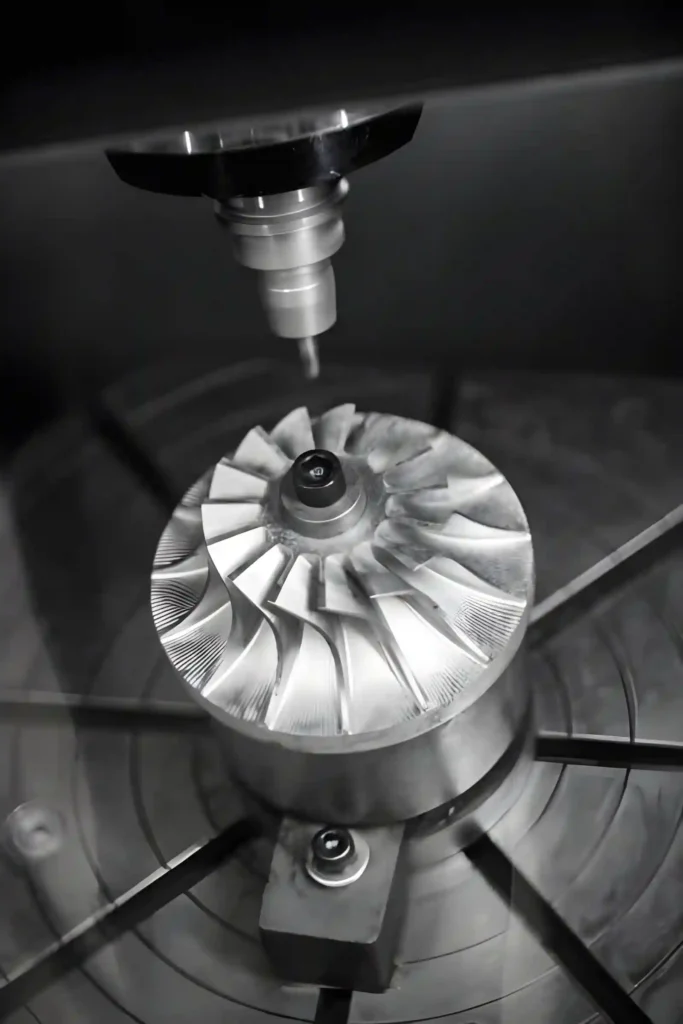 A close-up view of CNC milling jet engine blades.